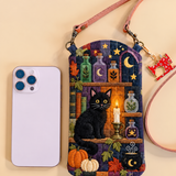 Slim Quilted Phone Crossbody Bag – Black Cat in the Witch’s Library