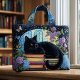 HANDCRAFTED TOTE BAG "BLACK CAT ON BOOKS"