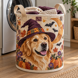 Quilted Laundry Basket – Golden Retriever with Witch Hat