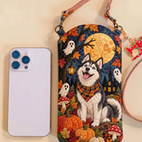 Slim Quilted Phone Crossbody Bag – Halloween Husky in the Moonlight