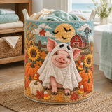 PIGLET IN A GHOST COSTUME AT HARVEST TIME | HANDMADE QUILTED LAUNDRY BASKET