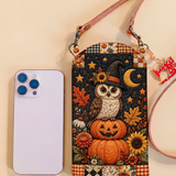 Slim Quilted Phone Crossbody Bag – Owl and Pumpkins for Halloween