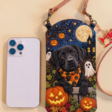 BLACK LABRADOR WITH SPOOKY PUMPKINS | SLIM QUILTED CROSSBODY BAG