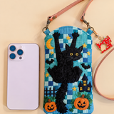 Slim Quilted Phone Crossbody Bag – Black Cat in Blue Patchwork