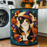 TRICOLOUR WITCH CAT FOR HALLOWEEN | HANDMADE QUILTED LAUNDRY BASKET