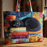 HANDCRAFTED BAG "BLACK CAT WITH BOOKS AND TEACUPS"