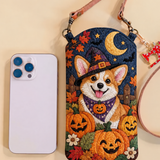 Slim Quilted Phone Crossbody Bag – Corgi with Pumpkins for Halloween