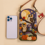 Slim Quilted Phone Crossbody Bag – Owl in a Pumpkin Grove by Moonlight