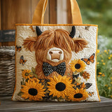 HANDCRAFTED QUILTED TOTE BAG "HIGHLAND COW IN SUNFLOWERS"