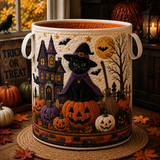 WITCH CAT BY THE HAUNTED HOUSE | HANDMADE QUILTED LAUNDRY BASKET