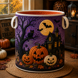 Quilted Laundry Basket – Black Cat on a Haunted Night