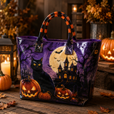 BLACK CAT, PUMPKINS AND HALLOWEEN MOON | QUILTED TOTE BAG