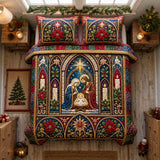 STAINED GLASS NATIVITY CHAPEL BEDDING SET | 3-PIECE QUILTED BED SET