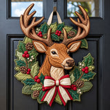 Christmas Deer Wreath Custom Shape Quilted Door Hanger GFTOHNL3598