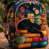 Padded Backpack - Black Cat on Books
