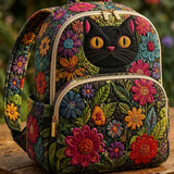 Padded Rucksack - Black Cat and Wildflowers