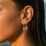 HOOP EARRING CHARM CROSS SMOOTH DANGLE EARRINGS | GOLD JEWELLERY