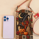 Slim Quilted Phone Crossbody Bag – Witch’s Broom in a Pumpkin Patch