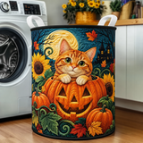 Quilted Laundry Basket – Ginger Cat with Pumpkins and Sunflowers