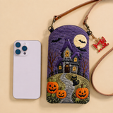 Slim Quilted Phone Crossbody Bag – Haunted House on a Pumpkin Path