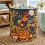 Quilted Laundry Basket – Rooster and Pumpkin Harvest