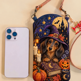 Slim Quilted Phone Crossbody Bag – Witch Dachshund with Pumpkins