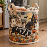 DACHSHUND IN A SKELETON COSTUME FOR HALLOWEEN | HANDMADE QUILTED LAUNDRY BASKET
