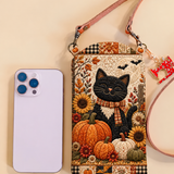 Slim Quilted Phone Crossbody Bag – Black Cat in a Pumpkin Garden