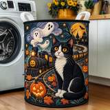 Quilted Laundry Basket – Black Cat on a Ghost Train