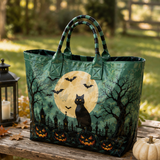 BLACK HALLOWEEN CAT IN GREEN TONES | QUILTED TOTE BAG
